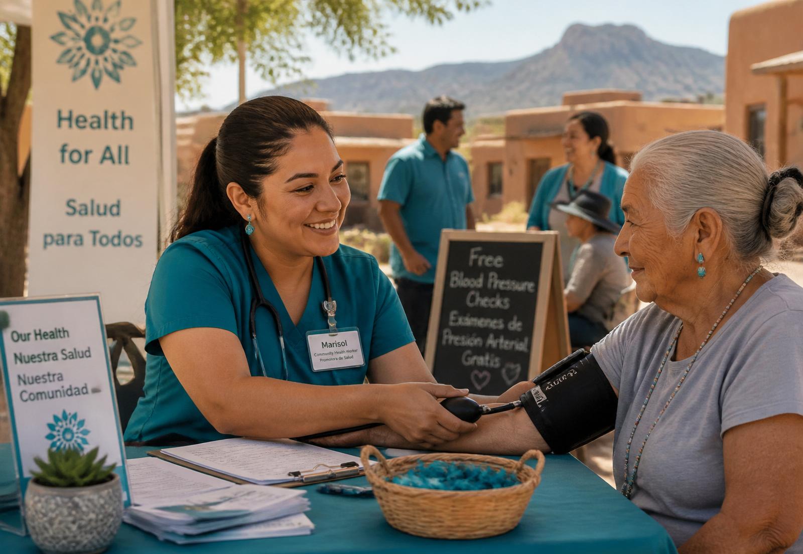 A community health worker checking a neighbor's blood pressure at an outdoor clinic table