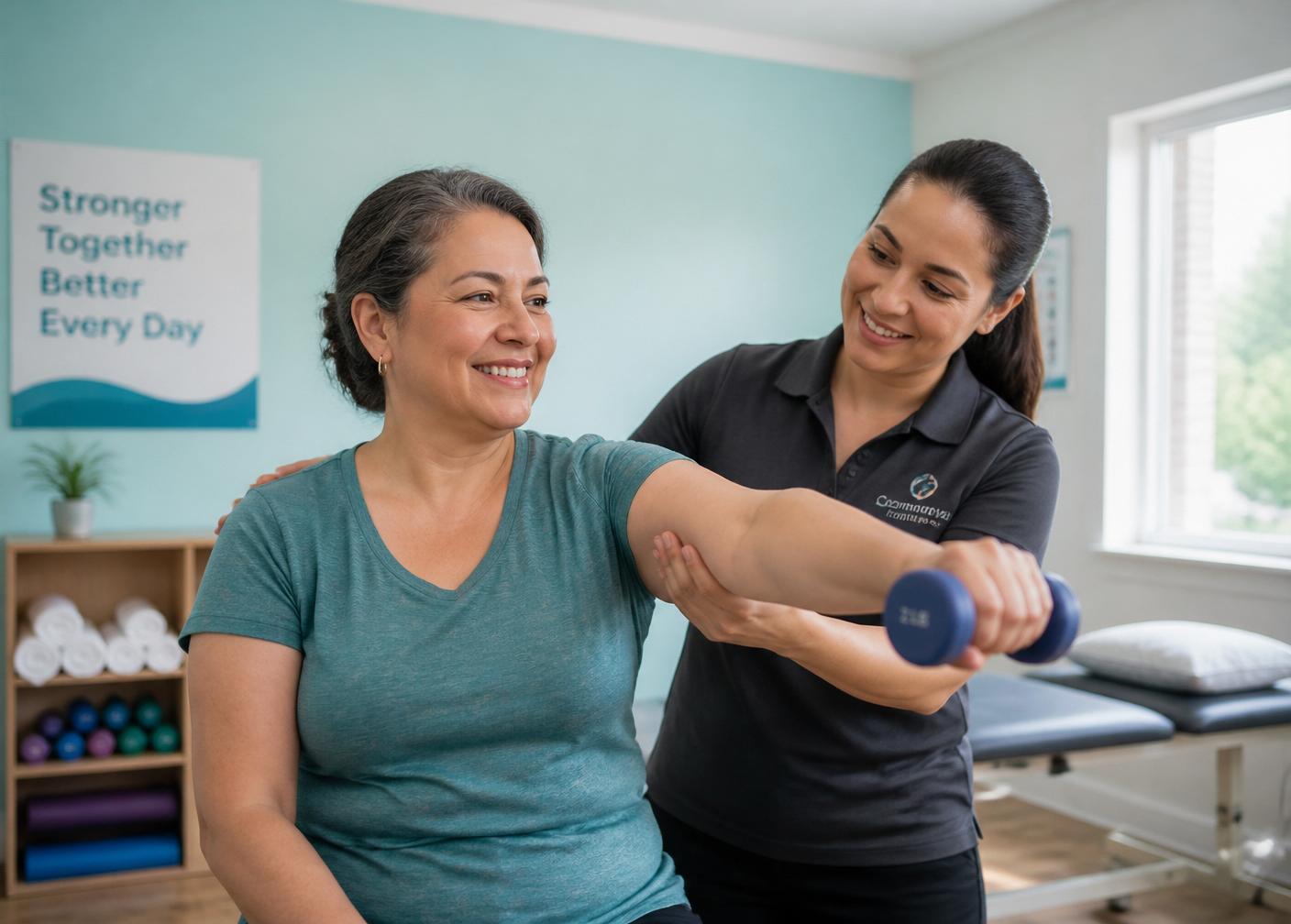A therapist guiding a patient through gentle rehabilitation exercises in a community clinic